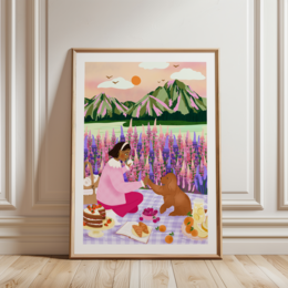  A vibrant, colorful poster illustration depicting a girl sitting with her dog in a field of flowers, with mountains in the background. The poster has a whimsical, artistic style.