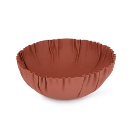 Terracotta metallic bowl with a round, shallow shape and a textured, pleated design. The bowl is made of a reddish-brown metallic material, likely copper or bronze, and has a rustic, artisanal appearance suitable for home decor.