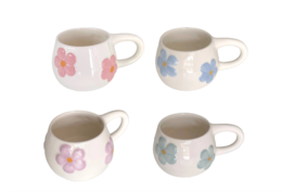 Handmade ceramic mugs with painted flower designs in pink, blue, and gray colors. Set of 12 mugs.