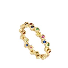 A gold-toned statement ring featuring a row of colorful gemstones in various shapes and sizes, creating a vibrant and eye-catching design.