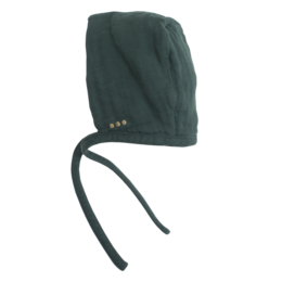 Dark green baby hat with ear flaps, suitable for infants 6-12 months old.