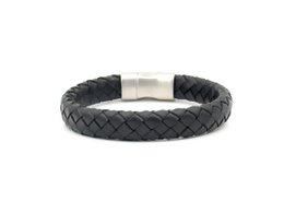Men's matte black braided leather bracelet with adjustable sizing from XS to XL.