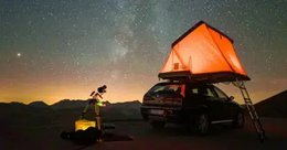  Orange roof tent for car, family camping, sleeps 4-5 people, waterproof fabric, adventure travel gear.