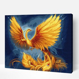 Vibrant, mythical phoenix birds with fiery, golden wings soaring against a dark, starry background. Depicts the rise and rebirth of the legendary phoenix.