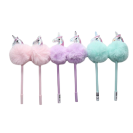  A set of 6 magical wand pens in pastel colors including pink, lavender, and mint. The pens feature a fluffy pom-pom design and a unicorn-inspired horn at the top.
