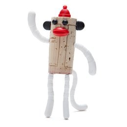 Whimsical sock monkey bottle stopper made of wood, with a red hat and nose, perfect gift for wine lovers.