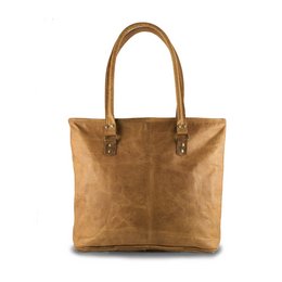 Tan leather shoulder bag with two handles and metal hardware.