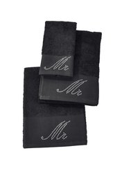 Black and silver hand towels with rhinestone "Mr" text. Available in various sizes including guest towel, bath towel, and hand towel.