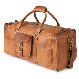  Large brown leather weekend bag with multiple pockets and straps for easy carrying.
