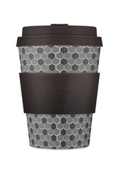 A 350ml/12oz travel cup with a gray honeycomb pattern design and a black silicone band. The cup is made of durable materials and is suitable for hot and cold beverages.