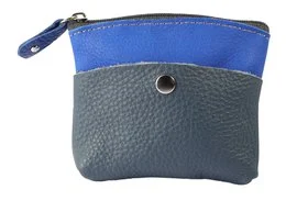 Blue and gray genuine leather key bag, small coin pocket wallet with textured material and zipper closure.