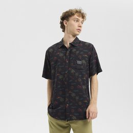  Charcoal grey men's casual shirt with short sleeves, all-over floral print pattern, button-up style.