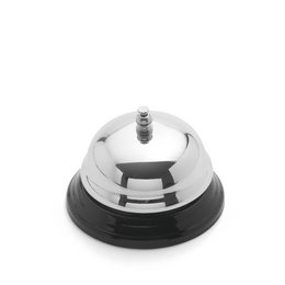 A silver and black reception bell with a polished metal finish and a sturdy base.