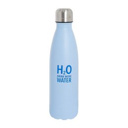 Stainless steel water bottle in a light blue color, with the text "H2O WATER" printed on it. The bottle has a capacity of 500ml.