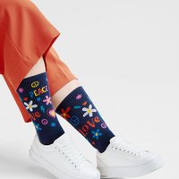 Organic socks hippie - blue tennis socks with Love & Peace pattern