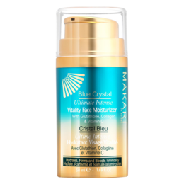 Blue crystal face moisturizer with vitamin E and aloe vera. Hydrating and nourishing formula for soft, glowing skin.