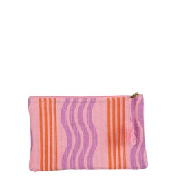  A pink and orange striped toiletry bag with a zipper closure.