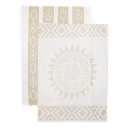  Two beige and white patterned tea towels with a sun motif in the center. The towels feature a diamond and geometric border design.