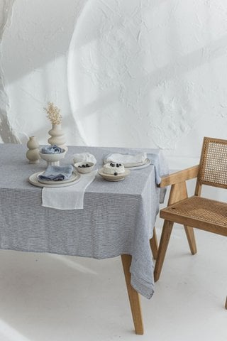 Pure Linen Sustainable Tablecloth in White Blue Stripes