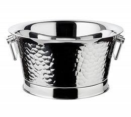 Hammered stainless steel champagne cooler, 25 cm tall, 48 cm diameter, suitable for chilling champagne or other beverages.