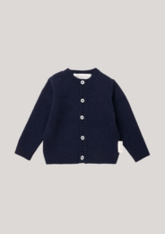 Navy blue knit cardigan for babies, available in sizes 0-6 months to 3-4 years. Features a classic button-up design and soft, cozy material.