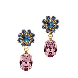 Elegant floral statement earrings with blue and pink crystals in a gold-tone setting.