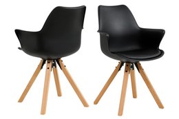  Set of 2 black armchairs with plastic shell and wooden legs. Modern, minimalist design suitable for dining room, living room, or office.