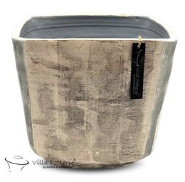 Taupe-colored vase with a square shape and textured surface. Suitable for displaying flowers or decorative items.