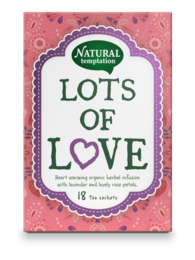 Herbal tea with a heart-shaped label and the text "Lots of Love" printed on it. The tea appears to be packaged in a bright orange and pink box.