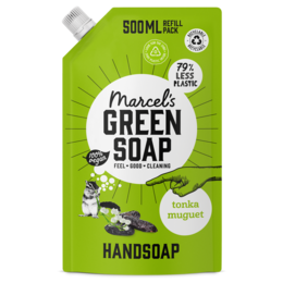 A hand soap refill in a green pouch, with the product name "Marcel's Green Soap" and the scent "Tonka & Muguet". The package highlights that the soap is eco-friendly, plant-based, and delicious in use.