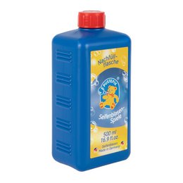 A blue plastic bottle with a red cap, labeled "PUSTEFIX refill bottle 500ml". The bottle appears to contain a liquid or solution for creating bubbles.