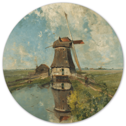 "Wall circle mill on a polder canal, available in various sizes and materials including Forex and Dibond. Circular wall art with a traditional Dutch windmill reflected in the water."

The product is a circular wall art piece depicting a traditional Dutch windmill on a polder canal. It is available in multiple sizes ranging from 12 cm to 140 cm in diameter, and in two different materials - Forex and Dibond. The image shows the windmill reflected in the water, creating a serene and picturesque scene. This product would be suitable for home decor or as a decorative accent piece.