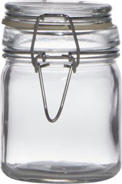  A clear glass jar with a swing top lid, measuring approximately 12 cm in height and 6.5 cm in diameter. The jar appears to be suitable for storing various items in a kitchen or pantry setting.