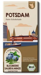 Organic and fair trade chocolate bar with 70% cocoa content and blueberry, sage, and mint flavors.