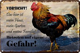 Vintage tin sign with a colorful rooster image and German text warning "Caution! This is my house, my garden, and my family! Beware of danger!"