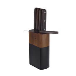 SOSL, Set de 5 Pièces, Ensemble Couteaux de Cuisine, Set Acier Inoxydable, Titane, avec Bloc en Bois d'Acacia, Couteaux de Chef, Pain, Écumoire,Viande, Poisson, Lame Noire