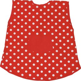 A red and white polka dot apron with a front pocket. The apron appears to be made of a lightweight, textured fabric and is designed for use in a play kitchen setting.