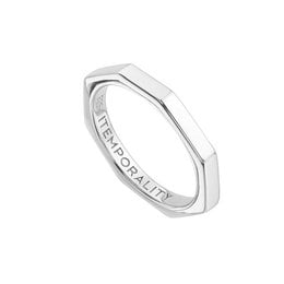 A silver hexagonal ring with the text "TEMPORALITY" engraved on it. The ring appears to be a minimalist, geometric design.