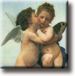 Decorative fridge magnet featuring a classic painting of two cherubic figures in an embrace.