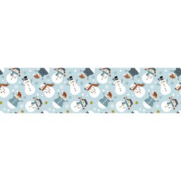  Festive border with snowmen, snowflakes, and holiday decorations in blue, white, and gray tones.