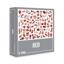 A 1000-piece jigsaw puzzle featuring a collage of various red-colored objects, including food items, kitchen utensils, and other everyday items.