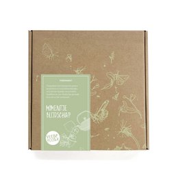 Green tea package labeled "Moment of Happiness" with tea bags and wooden spoon inside a cardboard box.