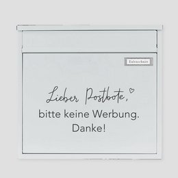 Black and white sticker with the text "Lieber Postbote, bitte keine Werbung. Danke!" which translates to "Dear postman, please no advertising. Thank you!"