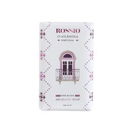 Blush pink rose hand soap, floral pattern packaging, purple accents, decorative bar soap