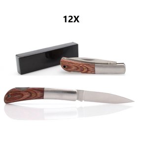 12 x Messer mit Edelstahlklinge und Griff in Kombination mit Naturholz und Edelstahl. Mit Sicherheitsschloss, Sterbengeschnitten am Griff 9.1 x 2,4 x 1,4 cm