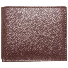 Brown pebbled leather billfold wallet with coin pocket, suitable for everyday use.