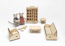 "Wooden doll furniture set: miniature living room pieces including armchair, cabinet, bathtub, bed, natural wood color."