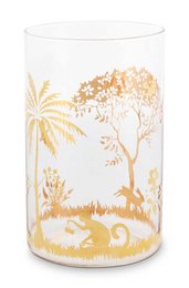 Tall, round longdrink glass with gold-colored tropical leaf and palm tree design. Made of clear glass material.