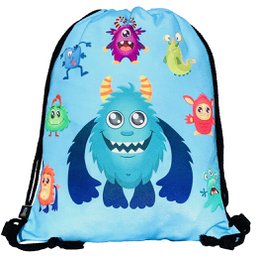  The image shows a blue backpack with a monster design, featuring various colorful monster characters. The backpack appears to be a kids' product, suitable for carrying items to school or other activities. The text on the backpack includes information about the product's features, such as being robust, washable, and having a stable zipper.