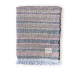  Large, soft, and absorbent beach towel with a striped pattern in shades of gray, pink, and white. Made of high-quality cotton with fringed edges for a stylish look.